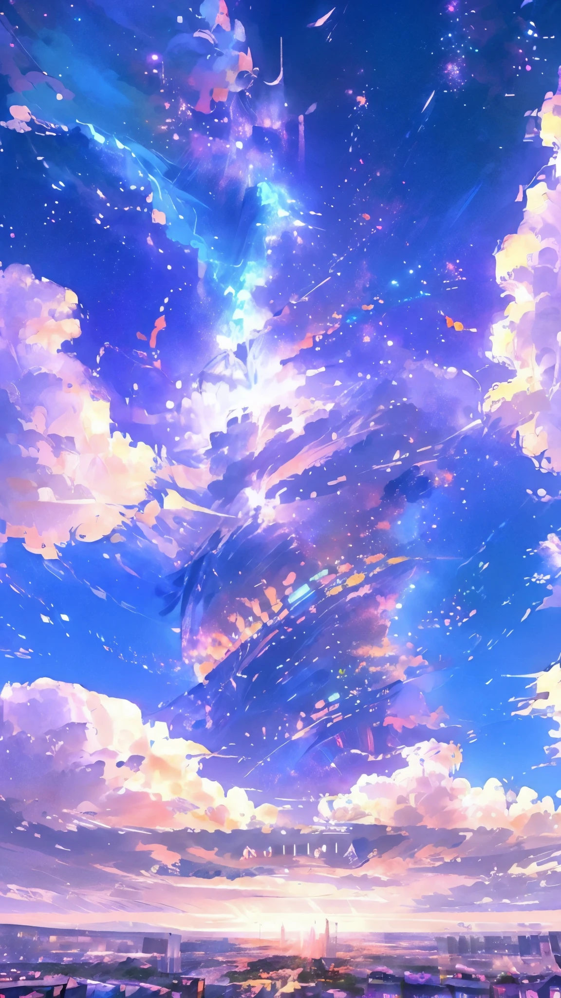 ((Psychedelic shooting starry sky during daytime))、Anime girl looking at the big city view, Cyber City of the Future、 Makoto Shinkai Cyril Rolland, Anime Art Wallpapers 8K, Anime Art Wallpapers 8K, Anime Art Wallpapers 8K, Inspired by Cyril Rolland, Dan Mumford&#39;s Artwork Style, Awesome Wallpapers, by Yuumei