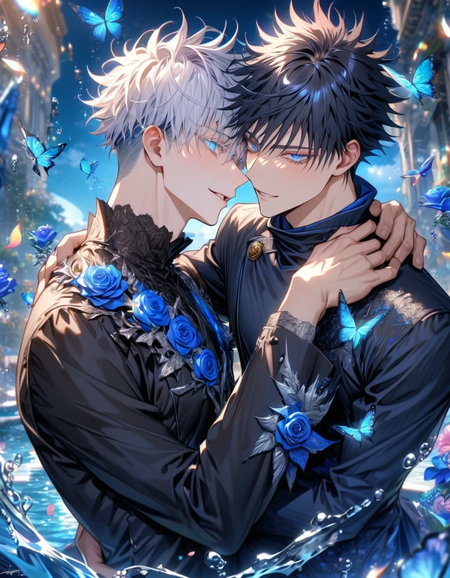 Ultra detailed, HDR, Highres, absurdres, master piece, Gojou Satoru, expressive blue eyes, white hair with bangs, white eyelashes, Fushiguro Megumi, expressive blue eyes, black hair, Jujutsu Kaisen, black shirt, blue glittering butterflies, blue ice, petals, blue ice glass roses, 2 sexy men together, gay couple, love, handsome, glittering, water, fantasy, magical, handsome smile