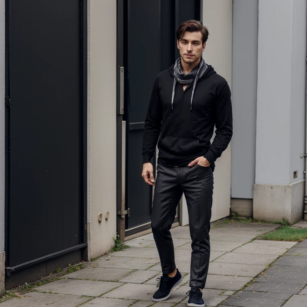 he's wearing an elegant and yet casual outfit... a black shirt, with a black hoodie and a grey scarf with black stripes... a black trousers and shoes