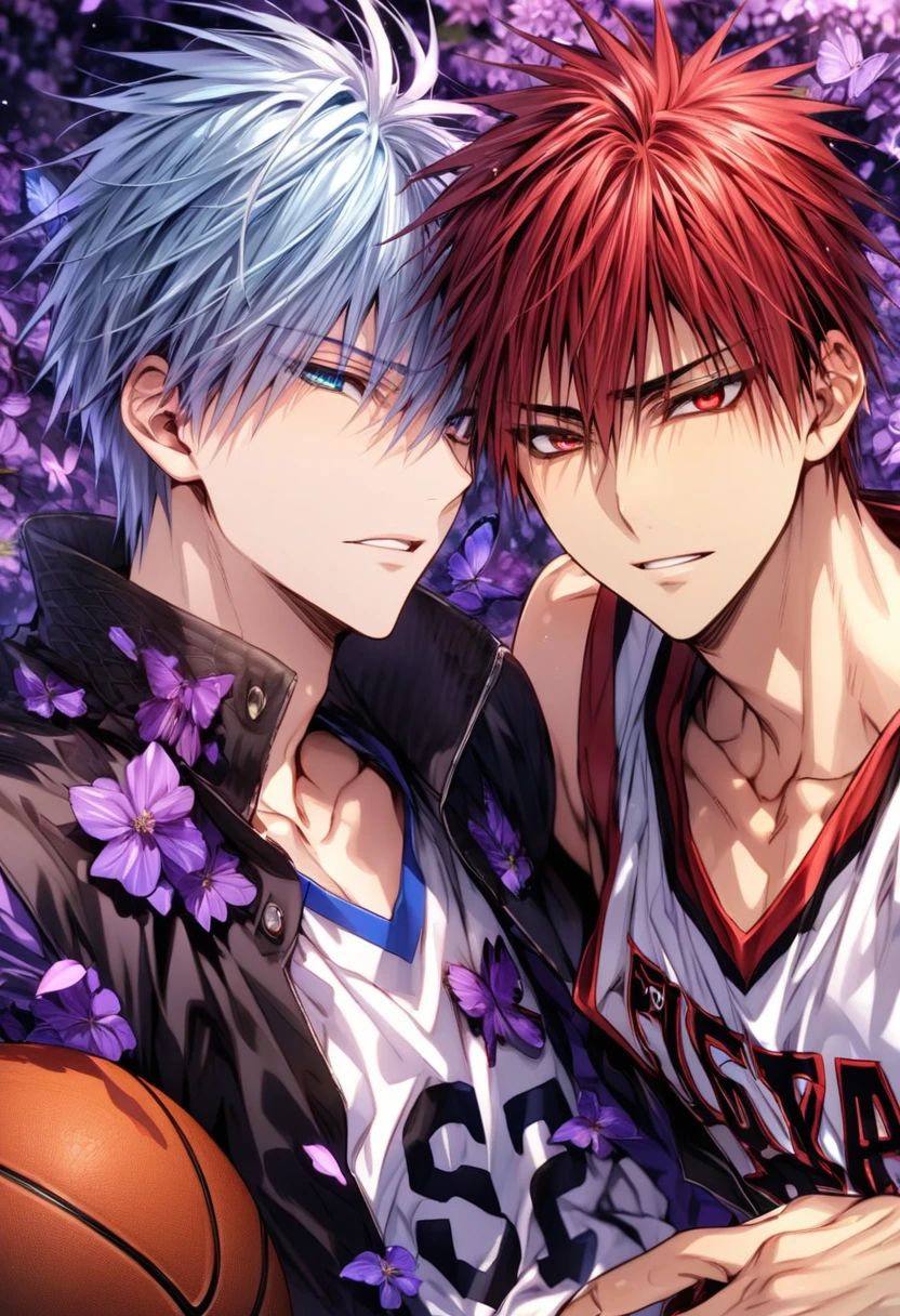 absurdres, highres, ultra detailed, HDR, masterpiece, extremely detailed face and eyes, Kagami Taiga, red short hair, expressive red eyes, Kuroko No Basket, Kuroko Tetsuya, light-blue hair, expressive blue eyes, two sexy men together, gay couple, yaoi, handsome, basketball uniform, fantasy, magical, purple butterflies, purple flowers, purple blossoms, purple petals