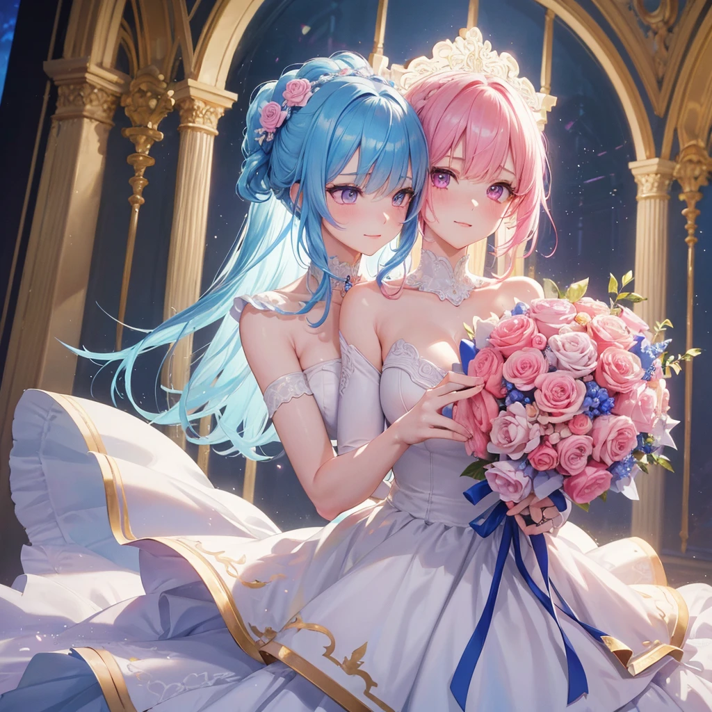 Sky blue hair, (Braided Ponytail),(Pink Eyes),Fair skin ,(whole body),(One girl),bride,A big smile,Straight bangs, 6月のbride,Wedding dress,(masterpiece, Highest quality, Very detailed, Best Shadow), (Detailed Background), (Beautifully detailed face), High Contrast, (Best lighting, Very delicate and beautiful), ((Cinematic Light)), colorful, Hyper Detail, Dramatic Light, Intricate details,Chapel background,A bouquet of roses in the right hand,Ring on left ring finger,