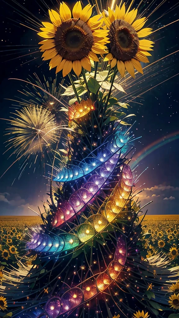 Landscape of sunflower field、firework、firework大会、Rainbow colorsのfireworkが打ちあがっている瞬間、夜nullとともに、、ひまわり景色で壮大なfirework、future都市、Highest quality、masterpiece, (Diffuse reflection of light:1.2), When the fantastic rainbow turns into shadow, bathed in a mystical atmosphere, Cast magic spells. evoke a sense of wonder and awe. A fusion of natural grandeur and magic, Weaving dreams into reality. Behold, null, And the unknown, Fleeting、And an eternal moment, 16K, Ultra-high resolution.Realistic, Ultra-high resolution, to be born,future、Rainbow colorsに光り輝く、Rainbow colors、The world 30 years from now。