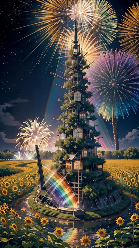 Landscape of sunflower field、firework、firework大会、Rainbow colorsのfireworkが打ちあがっている瞬間、夜nullとともに、、ひまわり景色で壮大なfirework、future都市、Highest quality、masterpiece, (Diffuse reflection of light:1.2), When the fantastic rainbow turns into shadow, bathed in a mystical atmosphere, Cast magic spells. evoke a sense of wonder and awe. A fusion of natural grandeur and magic, Weaving dreams into reality. Behold, null, And the unknown, Fleeting、And an eternal moment, 16K, Ultra-high resolution.Realistic, Ultra-high resolution, to be born,future、Rainbow colorsに光り輝く、Rainbow colors、The world 30 years from now。