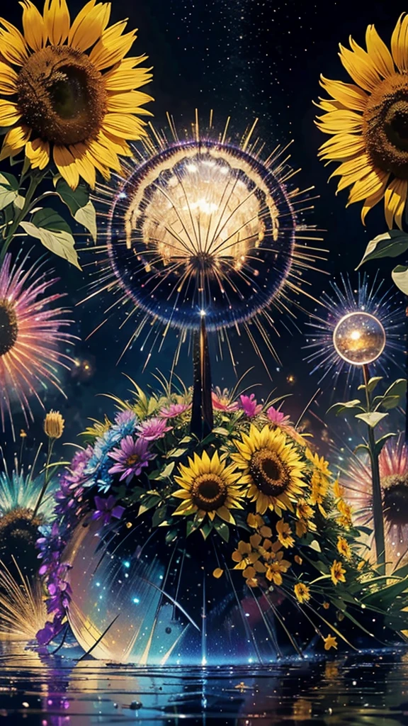 Landscape of sunflower field、firework、firework大会、Rainbow colorsのfireworkが打ちあがっている瞬間、夜nullとともに、、ひまわり景色で壮大なfirework、future都市、Highest quality、masterpiece, (Diffuse reflection of light:1.2), When the fantastic rainbow turns into shadow, bathed in a mystical atmosphere, Cast magic spells. evoke a sense of wonder and awe. A fusion of natural grandeur and magic, Weaving dreams into reality. Behold, null, And the unknown, Fleeting、And an eternal moment, 16K, Ultra-high resolution.Realistic, Ultra-high resolution, to be born,future、Rainbow colorsに光り輝く、Rainbow colors、The world 30 years from now。