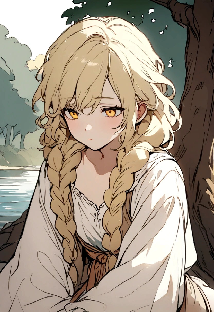 Masterpiece, High quality, High quality of art, anime lineart, Oil painting style, 1boy, Femboy, Light golden hair, braids, Yellow eyes, red eyeshadows, calm, half-asleep, near a large tree, feminine, in simple rustic clothes, Half-naked, morning, Pale, This boy is sitting under a tree near the river, Fluffy curly hair with braids, In the clothes of a boy of the Middle Ages