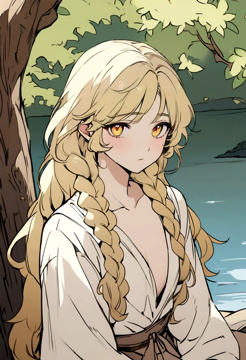 Masterpiece, High quality, High quality of art, anime lineart, Oil painting style, 1boy, Femboy, Light golden hair, braids, Yellow eyes, red eyeshadows, calm, half-asleep, near a large tree, feminine, in simple rustic clothes, Half-naked, morning, Pale, This boy is sitting under a tree near the river, Fluffy curly hair with braids, In the clothes of a boy of the Middle Ages
