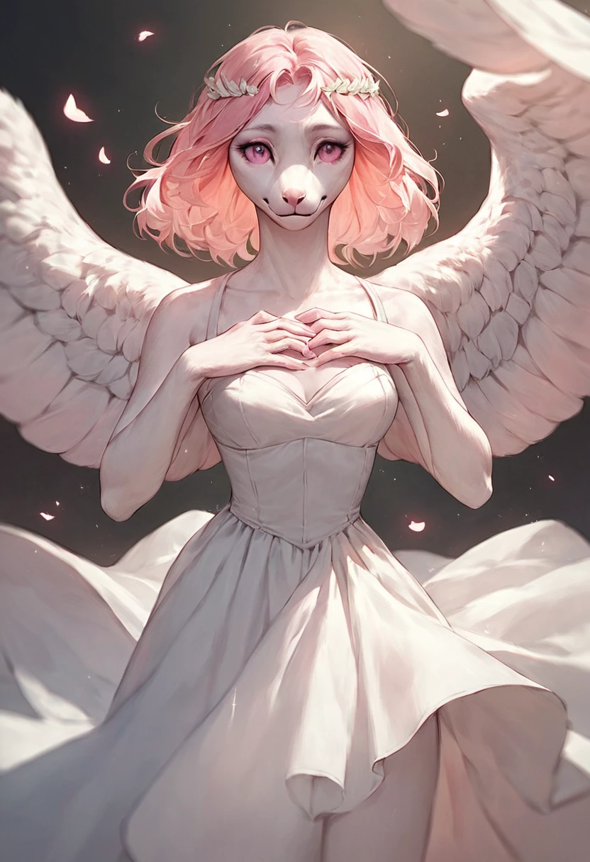score_9, score_8_up, score_7_up, score_6_up, score_5_up, score_4_up, (solo), female anthro dove, solo, heavenly, medium length hair, white dress, angelic, pink eyes, kind pose, hand on chest