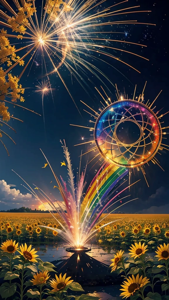 Landscape of sunflower field、firework、firework大会、Rainbow colorsのfireworkが打ちあがっている瞬間、夜nullとともに、、ひまわり景色で壮大なfirework、future都市、Highest quality、masterpiece, (Diffuse reflection of light:1.2), When the fantastic rainbow turns into shadow, bathed in a mystical atmosphere, Cast magic spells. evoke a sense of wonder and awe. A fusion of natural grandeur and magic, Weaving dreams into reality. Behold, null, And the unknown, Fleeting、And an eternal moment, 16K, Ultra-high resolution.Realistic, Ultra-high resolution, to be born,future、Rainbow colorsに光り輝く、Rainbow colors、The world 30 years from now。