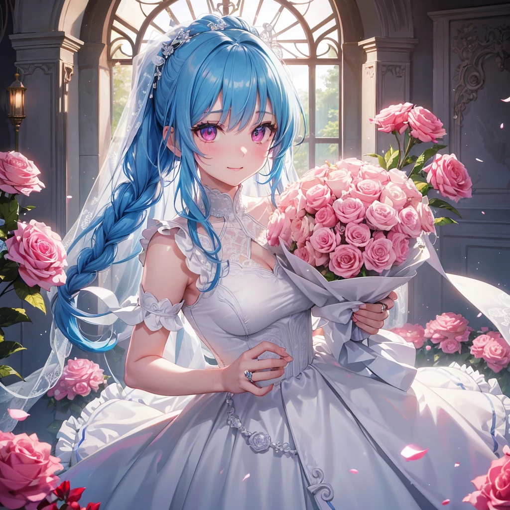 Sky blue hair, (Braided Ponytail),(Pink Eyes),Fair skin ,(whole body),(One girl),bride,A big smile,Straight bangs, 6月のbride,Wedding dress,(masterpiece, Highest quality, Very detailed, Best Shadow), (Detailed Background), (Beautifully detailed face), High Contrast, (Best lighting, Very delicate and beautiful), ((Cinematic Light)), colorful, Hyper Detail, Dramatic Light, Intricate details,Chapel background,A bouquet of roses in the right hand,Ring on left ring finger,