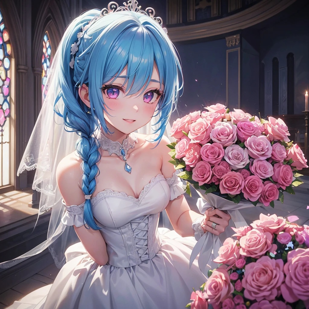 Sky blue hair, (Braided Ponytail),(Pink Eyes),Fair skin ,(whole body),(One girl),bride,A big smile,Straight bangs, 6月のbride,Wedding dress,(masterpiece, Highest quality, Very detailed, Best Shadow), (Detailed Background), (Beautifully detailed face), High Contrast, (Best lighting, Very delicate and beautiful), ((Cinematic Light)), colorful, Hyper Detail, Dramatic Light, Intricate details,Chapel background,A bouquet of roses in the right hand,Ring on left ring finger,