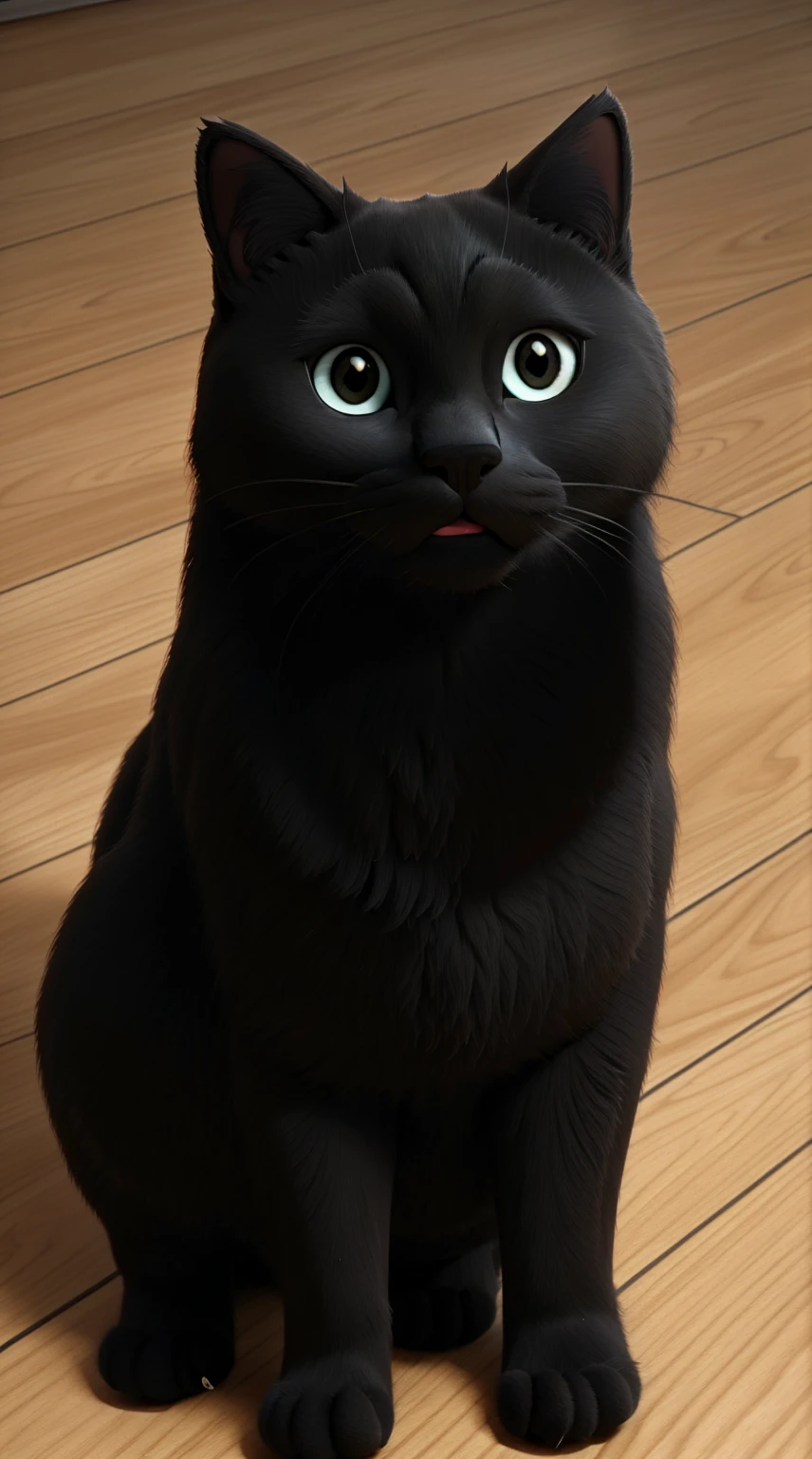 a black cat, 3d , realisitic, detailded, body and face detail, in the bedroom