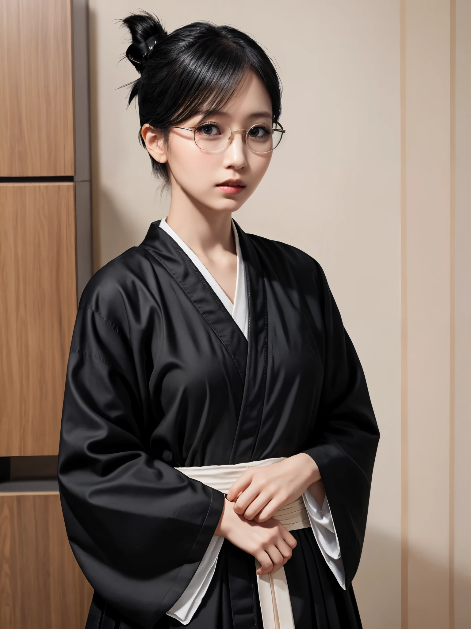 1girl, detailed face, looking at viewer, glasses, folded ponytail, black hakama, black robes,