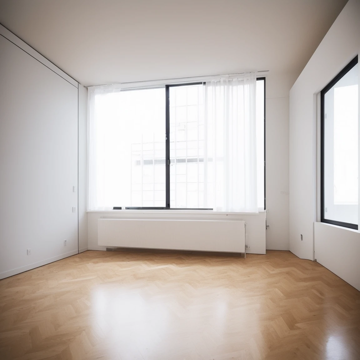 Imagine a minimalist and modern empty room interior.。The scene is、The room has white walls and light grey laminate flooring.。The room is bright and bright.、Natural light comes in through the windows、Accentuate the clean and simple aesthetic of an urban apartment space。