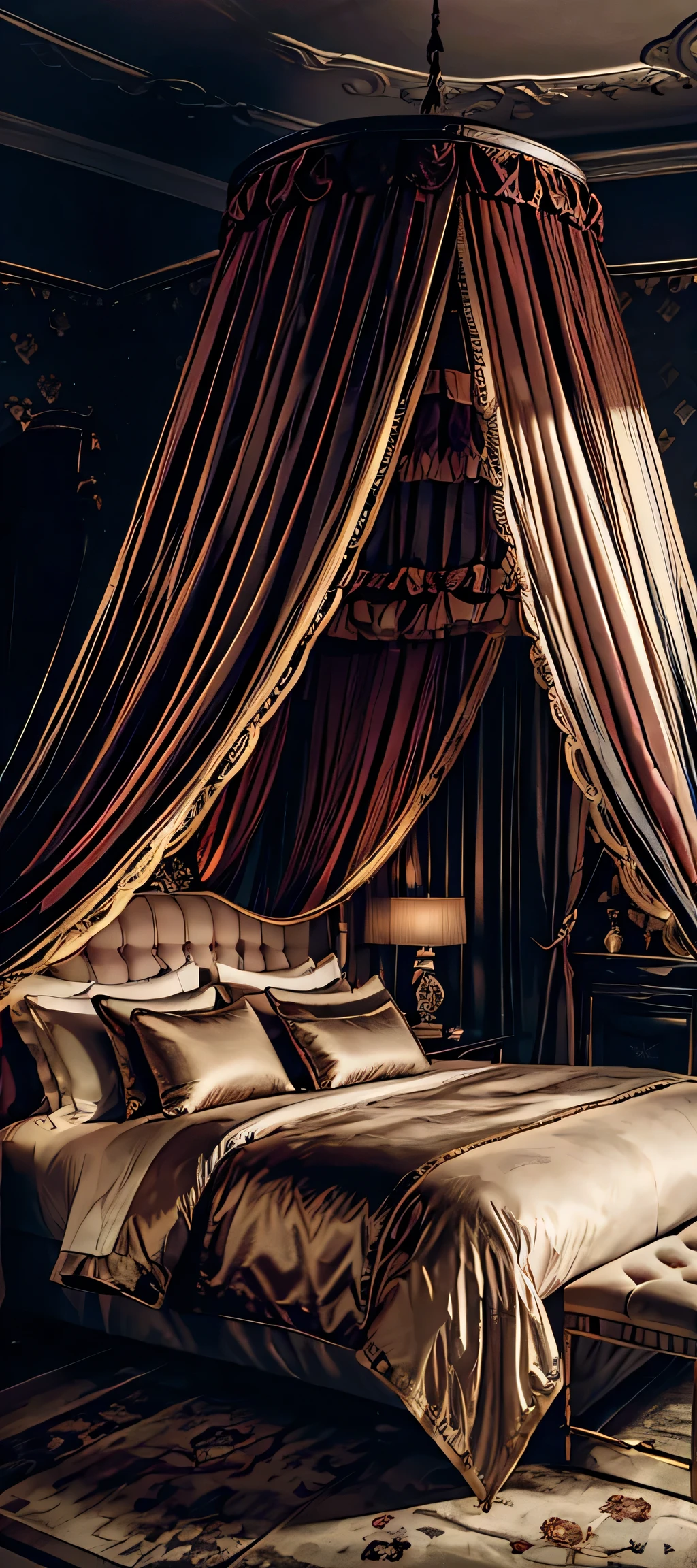 Best quality, masterpiece, ultra high res, raw photo, beautiful and aesthetic,deep shadow, dark theme,(ultra detailed:1.3), divine, royal bedroom, indoors, luxurious palace, luxury bedroom, canopy bed, full of curtains, pillows, jewelry, candlelight, queen bedrooms, pink room