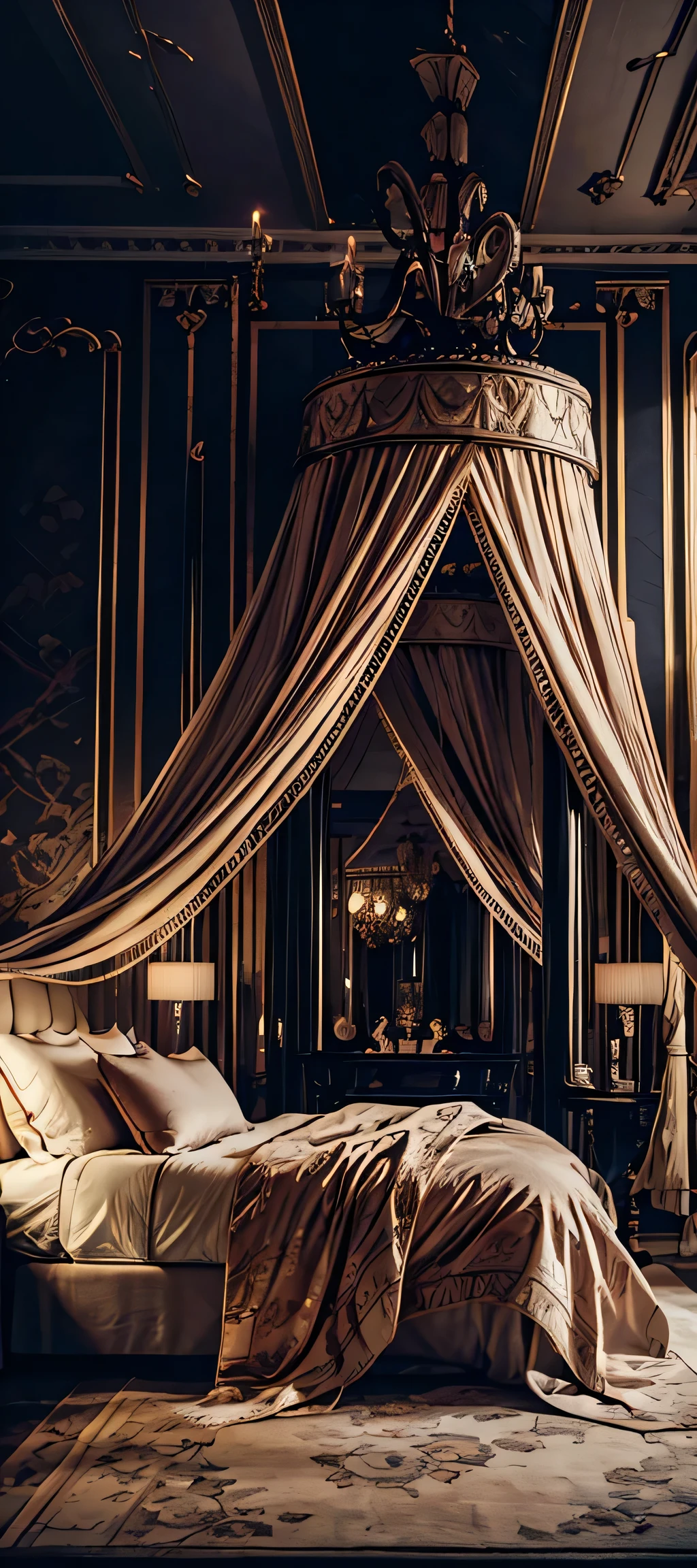 Best quality, masterpiece, ultra high res, raw photo, beautiful and aesthetic,deep shadow, dark theme,(ultra detailed:1.3), divine, royal bedroom, indoors, luxurious palace, luxury bedroom, canopy bed, full of curtains, pillows, jewelry, candlelight, queen bedrooms, pink room