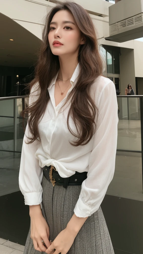 (Highest quality, High resolution, masterpiece :1.3), Tall and beautiful woman, Slim Abs, Dark brown hair styled in loose waves, chest, Wearing a pendant, White button-up shirt, belt, Black Skirt, (Modern architecture in the background), Exquisite expression of facial and skin texture details, Fine grain, double eyelid