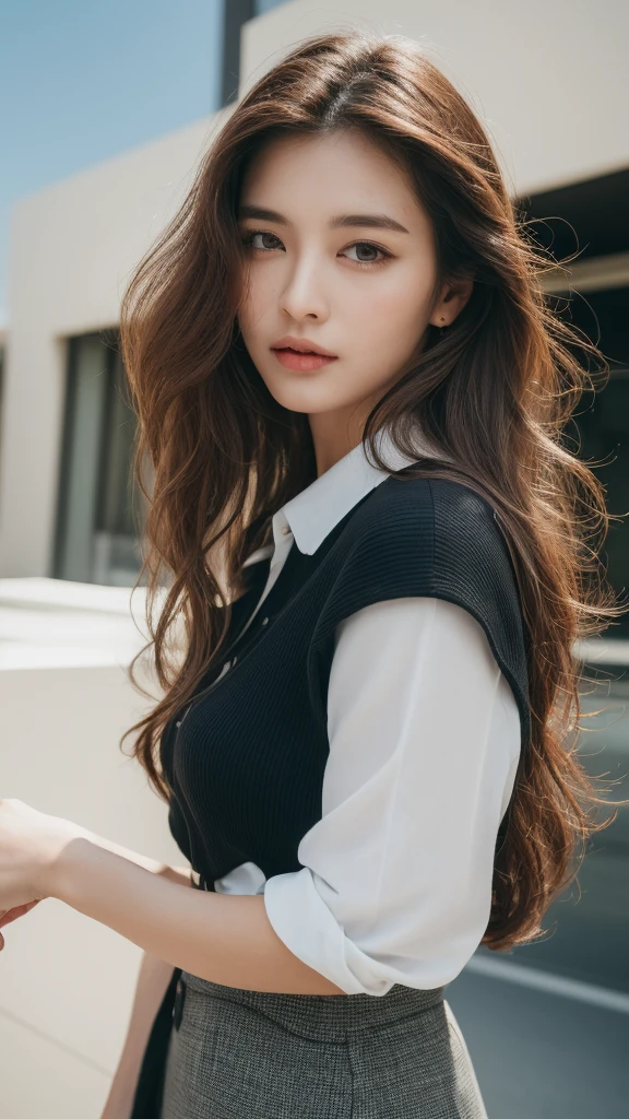 (Highest quality, High resolution, masterpiece :1.3), Tall and beautiful woman, Slim Abs, Dark brown hair styled in loose waves, chest, Wearing a pendant, White button-up shirt, belt, Black Skirt, (Modern architecture in the background), Exquisite expression of facial and skin texture details, Fine grain, double eyelid
