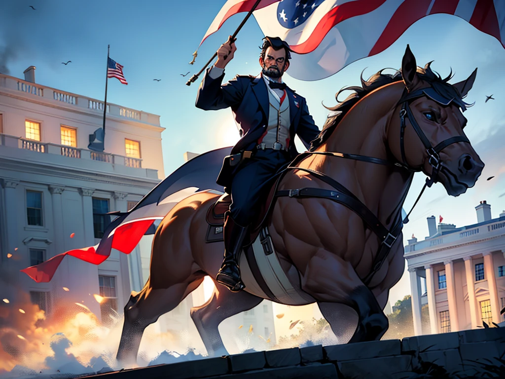 President Abraham Lincoln dressed as Captain America, in a heroic and imposing pose in front of the White House. In the background, the US flag is flying majestically. The lighting highlights its determined and historic expression, while the setting reinforces the patriotism and strength of the American icon.