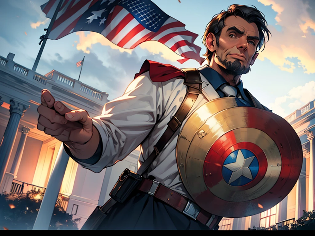 President Abraham Lincoln dressed as Captain America, in a heroic and imposing pose in front of the White House. In the background, the US flag is flying majestically. The lighting highlights its determined and historic expression, while the setting reinforces the patriotism and strength of the American icon.