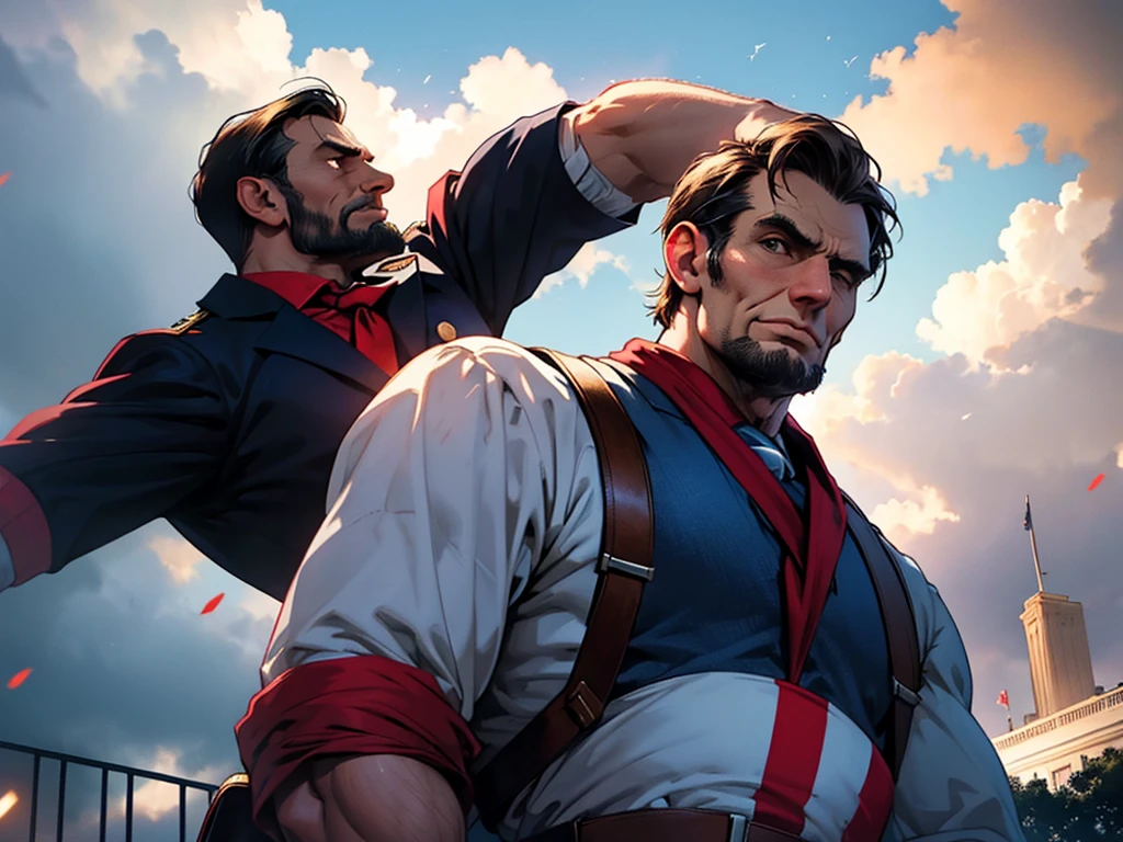 President Abraham Lincoln dressed as Captain America, in a heroic and imposing pose in front of the White House. In the background, the US flag is flying majestically. The lighting highlights its determined and historic expression, while the setting reinforces the patriotism and strength of the American icon.