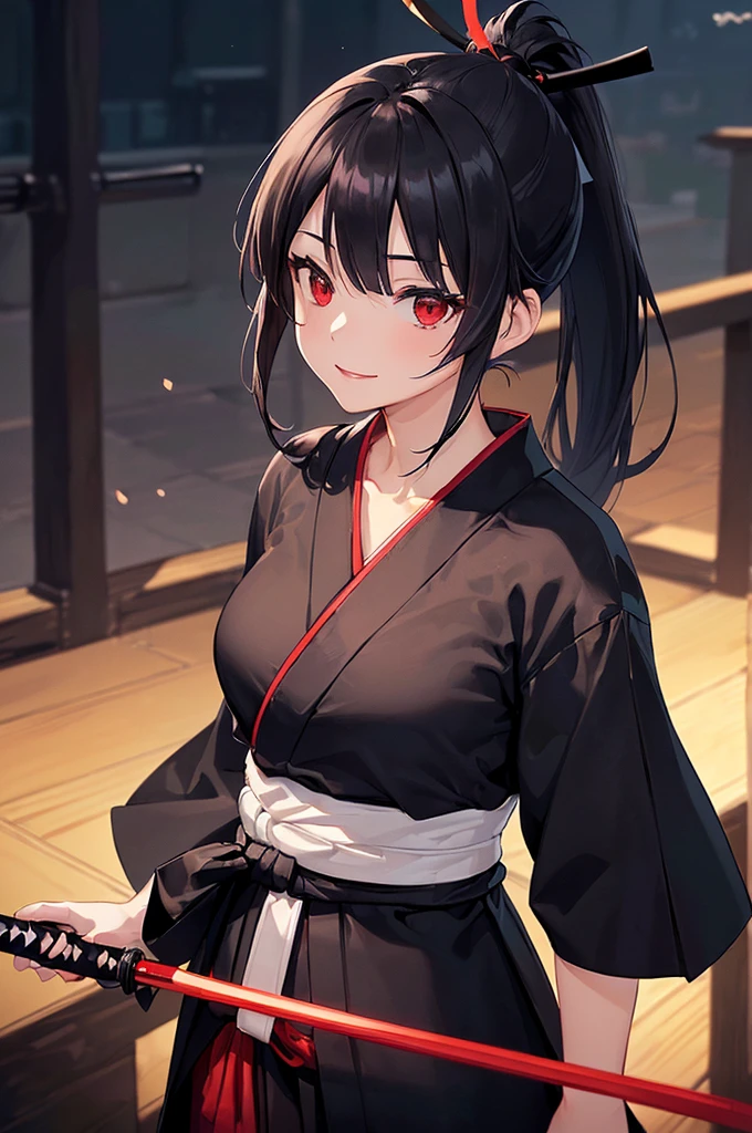 (masterpiece; best quality: 1.2), (finely detailed eyes: 1.3), ((25 year old woman)), ((solo)), (red eyes: 1.4), (body; lithe, slender, femenine: 1.3), (black hair in ponytail: 1.3), (beautiful and clear background: 1.2), ((depth of field)), (clothes: ronin attire + black hakama + black sash: 1.3), (anime illustration: 1.2), (background composition; kendo dojo + night time: 1.1), (extremely fine and beautiful: 1.1), (shot composition; standing + centered on torso + close-up: 1.5), (expression; calm, smile: 1.2)