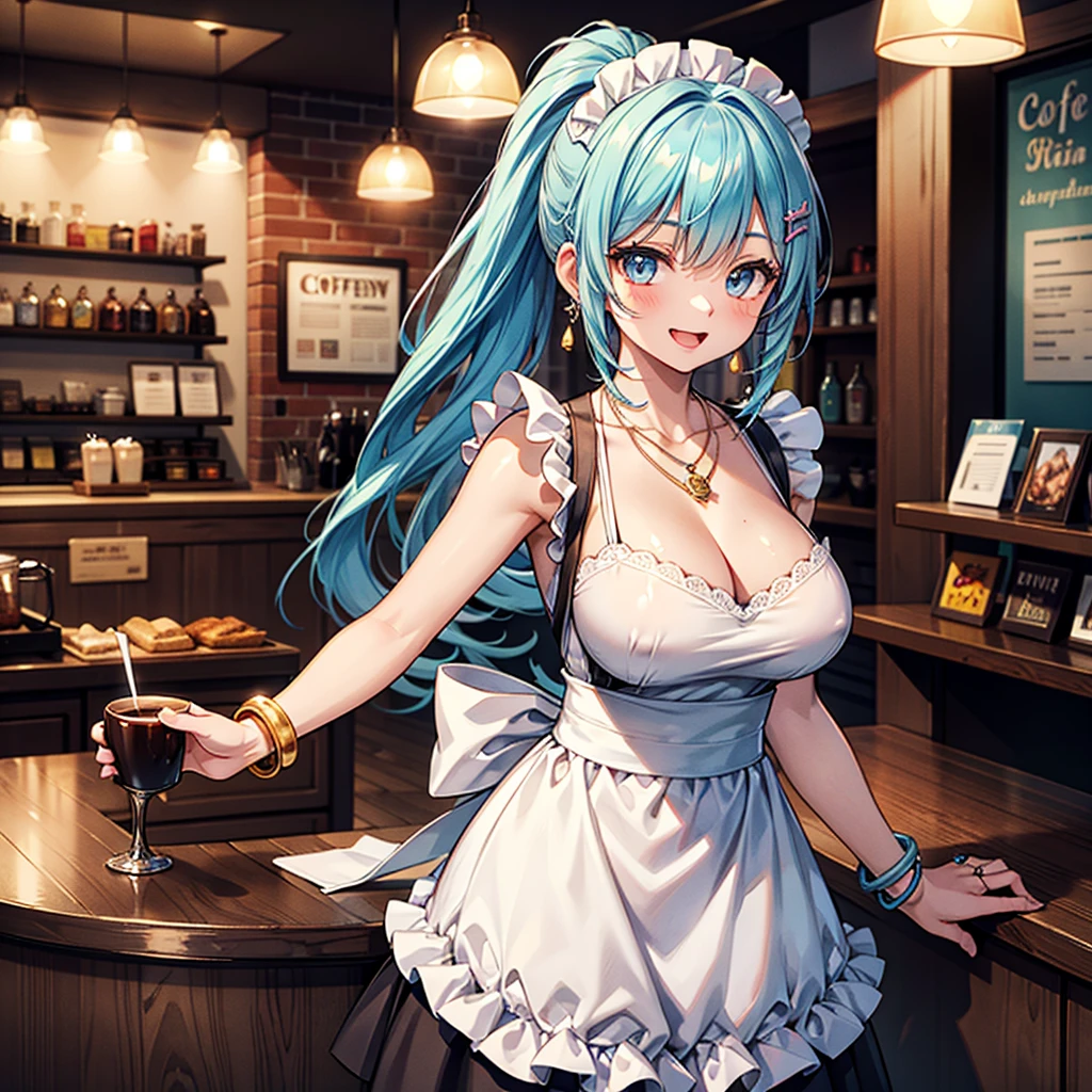 Anime Moe Art Style,Highest quality,High resolution,Anatomically correct,One Girl,-teerl with light blue hair in a ponytail,Very detailed,Fantasy World,Big Breasts,Shiny skin,Beautiful Skin,A rich expression,Laughing with your mouth open,coffee shop,Maid clothes,Detailed drawn eyes,hair ornaments,necklace,bracelet,ring,8K