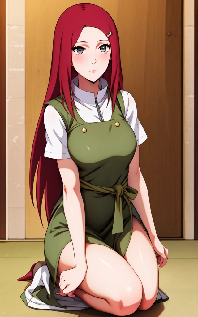 uzumaki_kushina,massive large_breasts, large thighs,large_ass, sitting, solo, kushina_green_dress,shirt up,tight dress, short skirts, masterpiece, best quality, detailed face, detailed eyes, highres, (masterpiece:1.4, best quality:1.2), (Highres), (Detailed Illustration), Ultra-Detailed, konohagakure, sitting straight, spread leg,looking in front, smiling playfully with a mischievous glint in the eyes