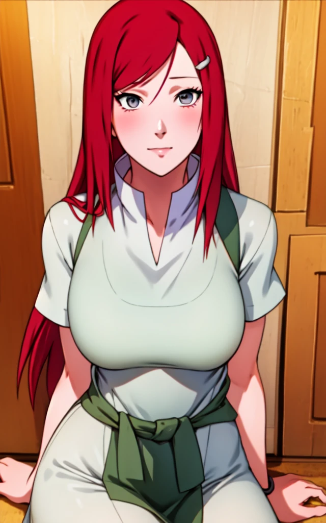 kushina, long hair, hair ornament, red hair, red head, hairclip, (grey eyes:1.5), full body,  indoors, BREAK (masterpiece:1.2), best quality, high resolution, traditional art, (perfect hands, perfect anatomy), closing eyes in her smile, ((naked)), kneeling. fellatio, oral, pov 1boy, 