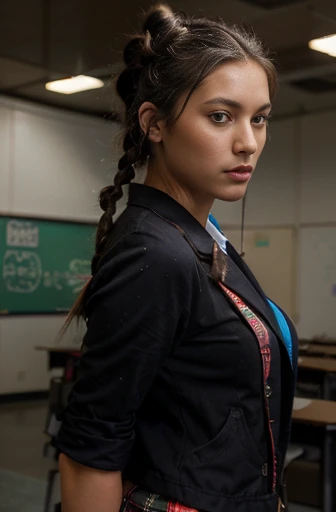 sexy woman, full body,double bun,double braids, school girl outfit, black hair,perfect eyes, cowboy shot, UHD, anatomically correct woman, no visible hands, photo realistic,relevant and detailed surroundings, vibrant colors, dramatic lighting,turn