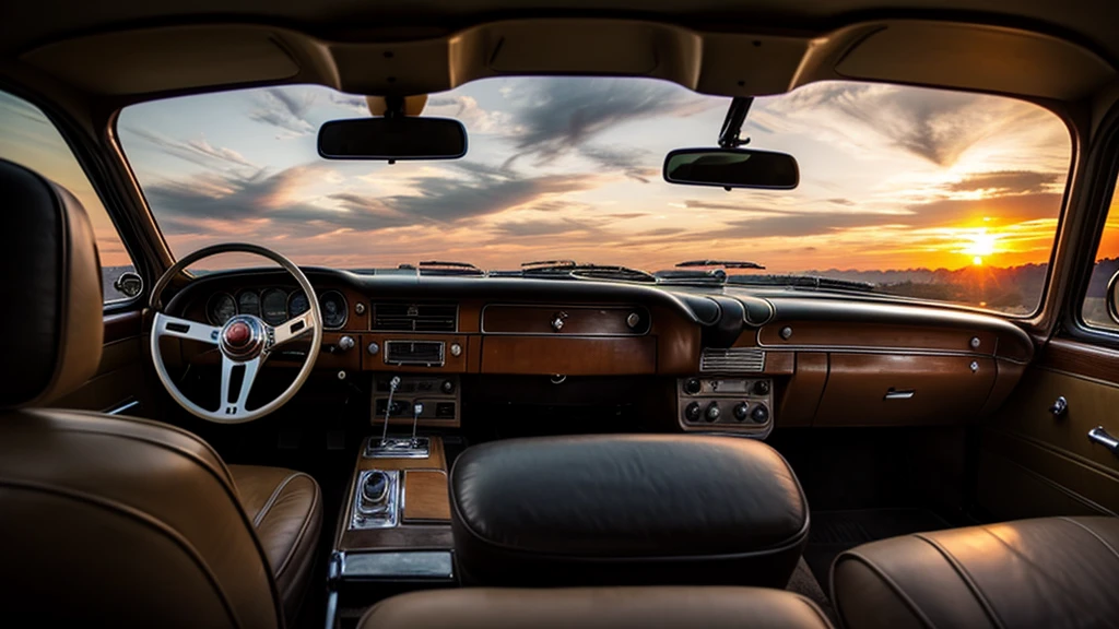 Inside a old school car ; money stack on the dashboard ; a sunset with nice clouds out of the windshield
