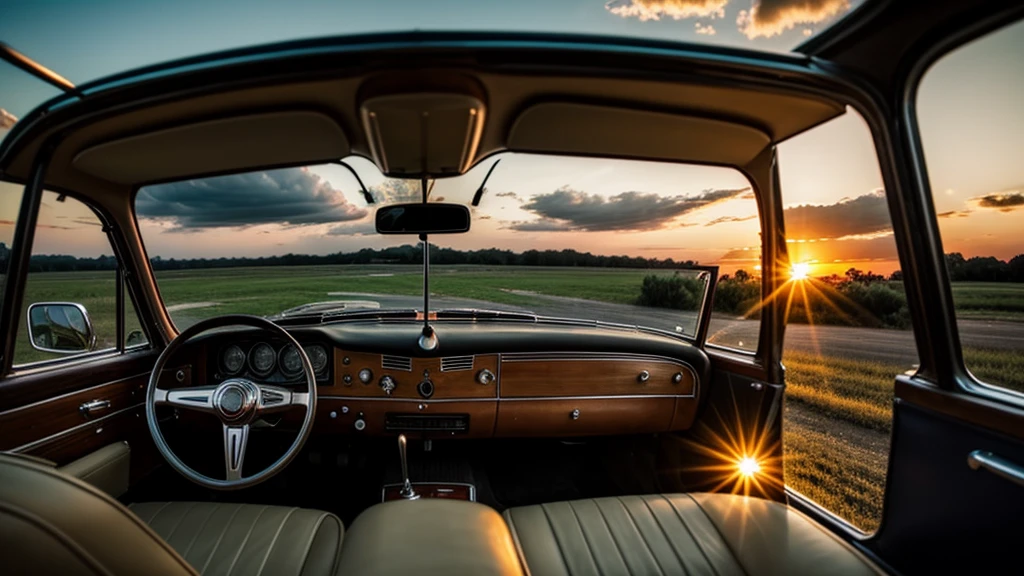 Inside a old school car ; money stack on the dashboard ; a sunset with nice clouds out of the windshield
