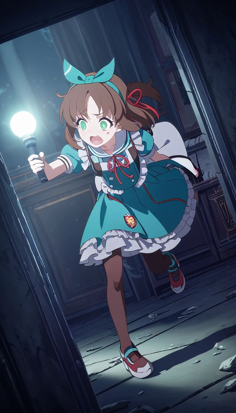(best quality,4k,highres) A cute 15 years old japaneese girl, drawn in anime style, futuristic, Frutiger aero aesthetic, sci-fi, is afraid, jade green eyes, long brown hair, ribbon headband, small breast, white and blue futuristic sailor lolita dress with puffy sleeves, school crest, red ribbon, navy blue pantyhose, High tech sport shoes with glowing parts, holding a flashlight, screaming in horror, in a abandoned haunted mansion, running away from a creepy ghost, at night, moonlight, low brightness, darkness, highly detailed, 4K.