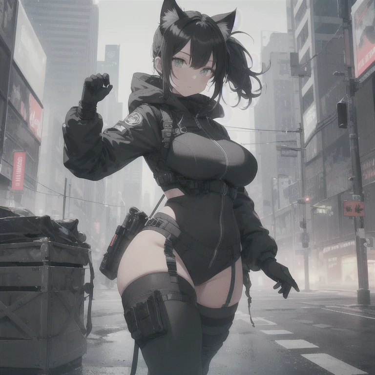 Absurd resolution, high resolution, (masterpiece: 1.4), hyper-detail, full body shot, full frontal camera perspective, solo, 1 kemono feline cat woman, humanoid, no skin other than neck and head shown, black hair, messy ponytail, cute face, detailed soft grey luminous eyes, huge massive hyper super swollen heavy breasts, breasts so big that cover her whole torso and are bigger than her head while being so big they reach her belly button, extremely super large swollen perky heavy bust, super huge enormously gigantic tits, gigantic breasts stretching/straining out of her outfit looking like they are about to burst out, breasts compressed squishing barely contained in outfit, inflated breasts, breasts_expansion, super gigantic swollen heavy tits, wide full hips, narrower torso and shoulders, smaller torso, narrower waist, full thicc big soft thighs, thicc thighs, big rounded full soft butt, thicc butt, ruggedized utility styled outfit, fully insulated suit, full body outfit coverage with no skin showing or revealed, airtight/watertight zippers and seals, scifi monochrome black and grey fullbody covering protective padding rugged loose-fitted pilot utility suit with strategically placed protective padding, white zipped utility cropped top for breasts support with a black strap horizontal across cleavage worn on top of suit, tactical strategic angular-patterned protective padding on hips and thighs and abdomen, practical/functional clothing, weather-proof durable clothing material, nylon clothing material, custom made clothing to fit and support large breasts, scifi padded rugged rigid high collar techwear jacket, armored high collar, white and black triangular decals and techwear iconography on apparel and clothing, techwear gloves, arm mounted strapped display scifi tablet/communication device/computer, ruggedized tech, ruggedized tech aesthetic, fitted utility pants, utility chaps, near future scifi, cyberpunk aesthetic, anime aesthetic, tactical aesthetic