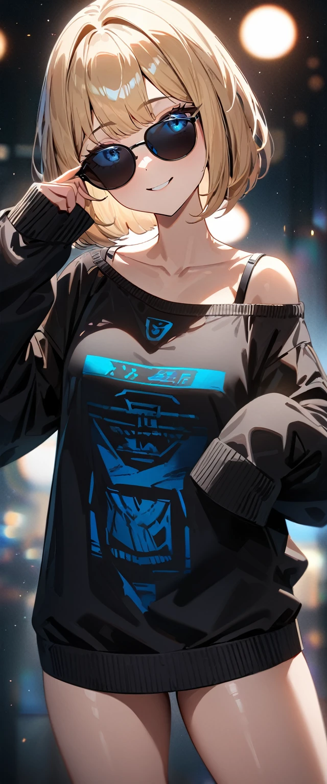 (((One girl))), blond hair, ((sunglasses, hand to sunglasses)), ((bob cut:1.3)), breasts, (cowboy shot), standard body, (looking at viewer), oversized clothes, puffy long sleeves, collarbone, ((off-shoulder knit sweater dress:1.3, Quite thick shoulder straps)), (((sleeves past wrists:1.3))), ((black sweater)), ager, head tilt:1.3, (((blue eye))), ((happy smile)), (((anime style))), (best quality, 4k, 8k, highres, masterpiece:1.2, ultra-detailed, ultra-detailed eyes, HDR, UHD, studio lighting, ultra-fine painting, sharp focus, physically-based rendering, extreme detail description, professional, vivid colors, bokeh), ((Highest quality, Best image quality, Ultra-high resolution, Ultra-high resolution, solo, Strong eye highlights)), Depth of written boundary, Natural soft light, attractive, Beautiful Face, Cleanliness, Pure Face, nedium chest, Beautiful Face, Perfect Fingers, Perfect hands, Perfect body, Perfect Face, Shine a light into your eyes, Perfect Anatomy
