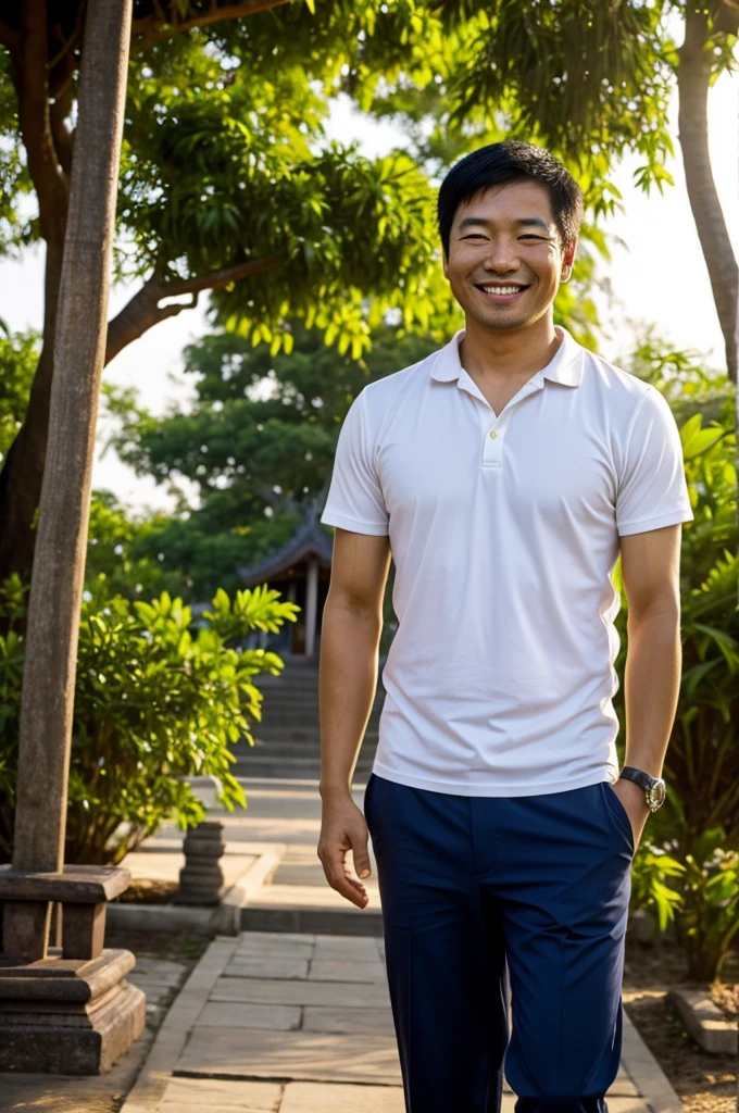 The photo shows a cheerful Asian man around 38 years old with a genuine smile. He had dark hair. He had short hair. This man was dressed casually. with a shirt He appears to be in a Thai temple with some kind of tree visible in the foreground. His warm sunshine and relaxed demeanor create a friendly and approachable atmosphere. His expression conveyed happiness and warmth.