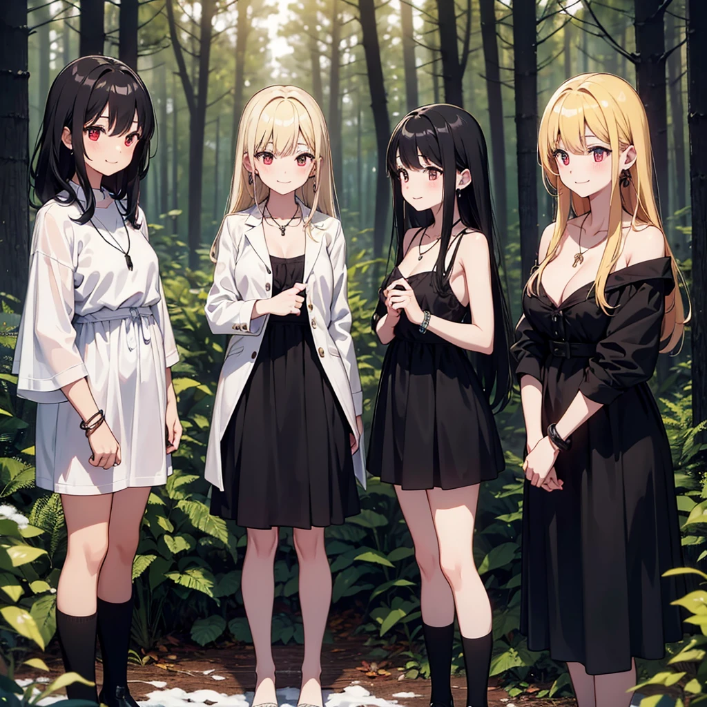 a group of beautiful witch girls in the middle of a forest in the night,snowy forest, snow, black clothes, black and red clothes, necklaces, girls standing,short skirt, sexy, light dress, transparent dress, girls standing in the middle of the forest , bracelets, earrings, completely naked tribal tattoos, three girls, blonde hair, black hair , red hair, smile