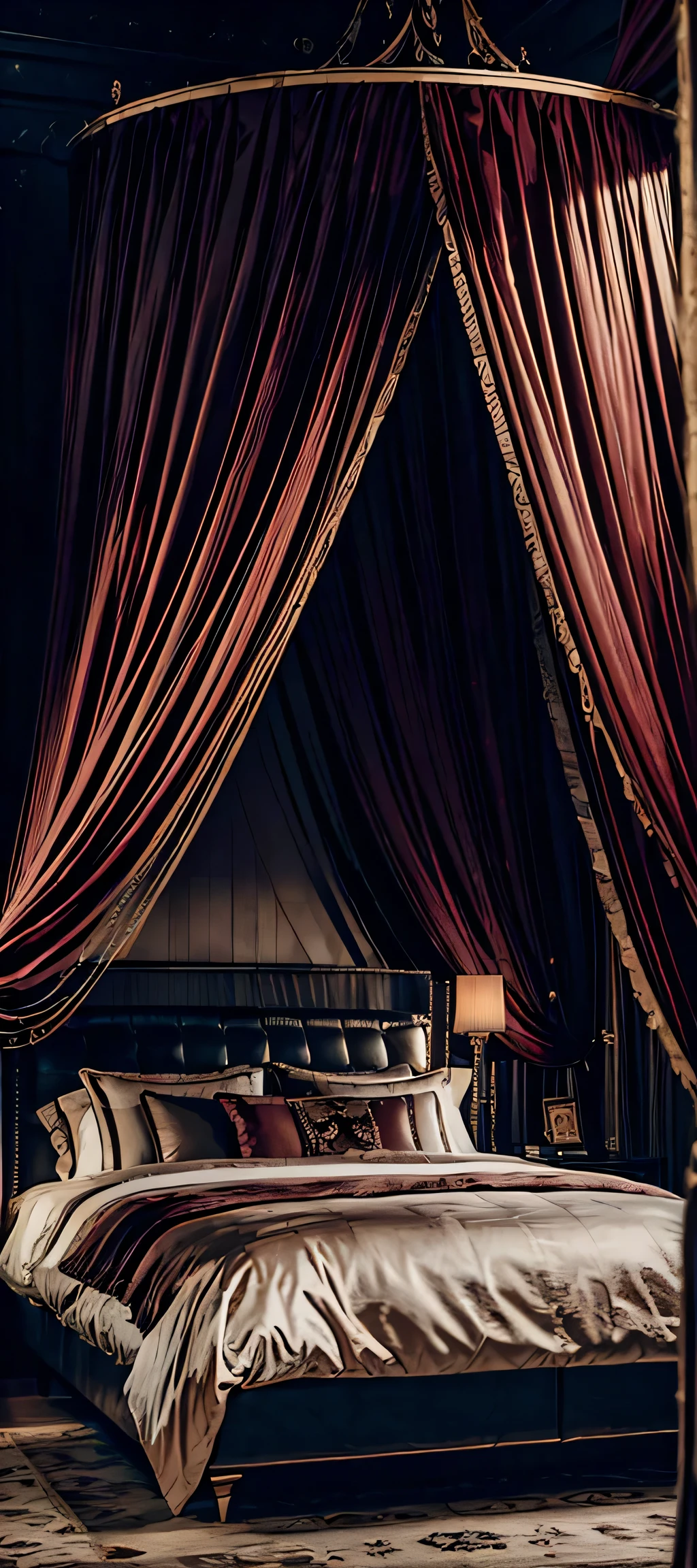 Best quality, masterpiece, ultra high res, raw photo, beautiful and aesthetic,deep shadow, dark theme,(ultra detailed:1.3), divine, royal bedroom, indoors, luxurious palace, luxury bedroom, canopy bed, full of curtains, pillows, jewelry, candlelight, queen bedrooms, pink room