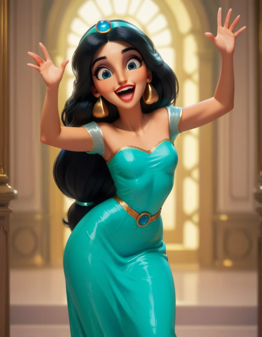 Disney style, (curvy blue eyed girl with long wavy black hair and small breasts) with princess_jasmine, laughing, happy