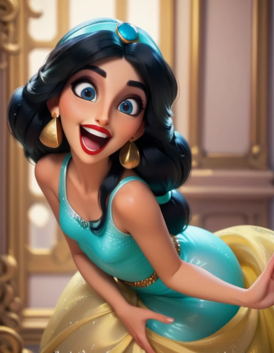 Disney style, (curvy blue eyed girl with long wavy black hair and small breasts) with princess_jasmine, laughing, happy