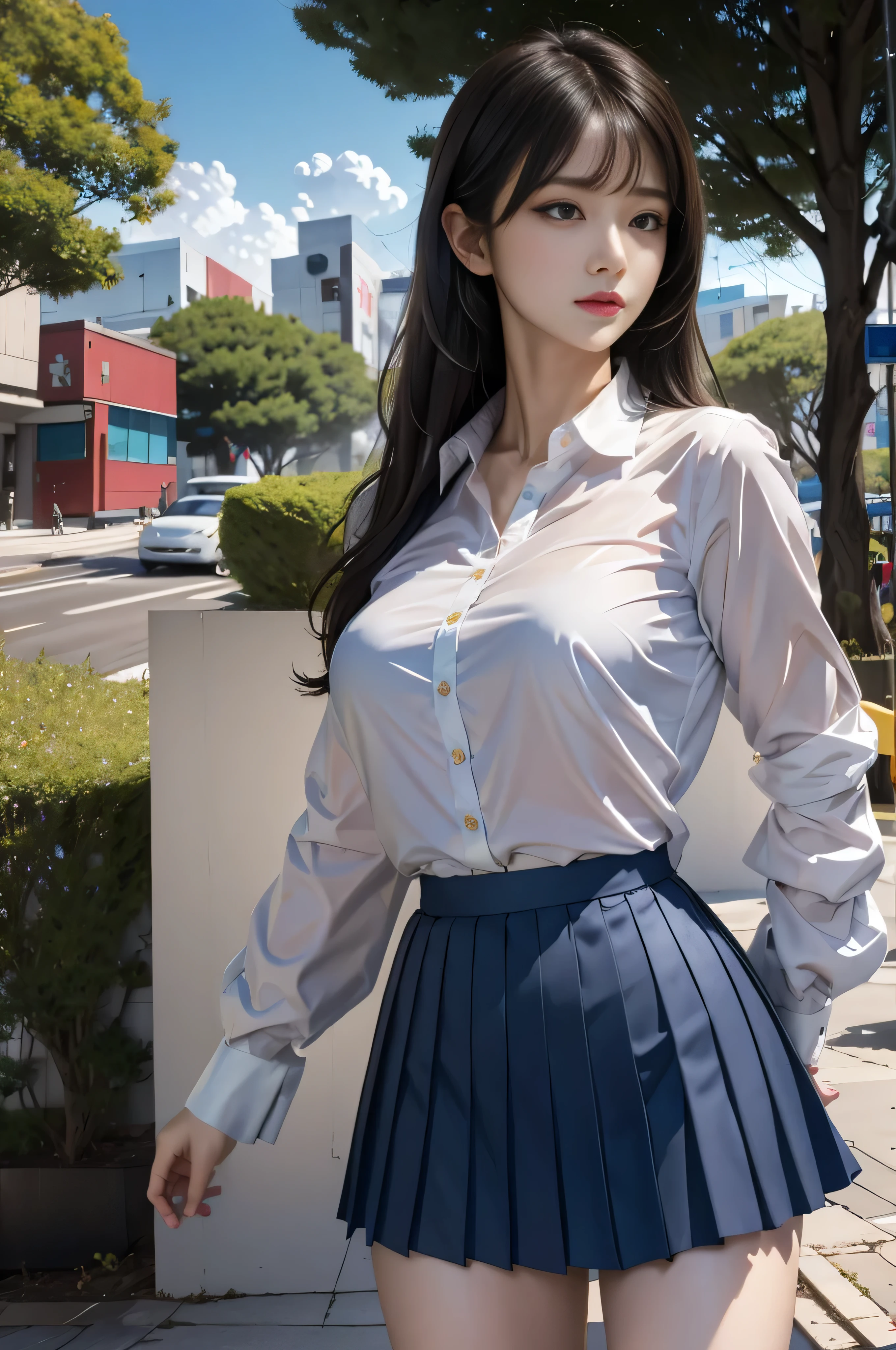 (best quality, 4k, Masterpiece, Ultra detailed, hyperrealism, RAW quality), Korean - Japanese beauty, short blue pleated skirt, white transparent buttoned blouse, standing in profile to the viewer with her leg slightly bent, carrying a portfolio black leather, her: clean face NOT made up, natural face, loose hair, light wind that moves the environment, wild flowers, bus stop