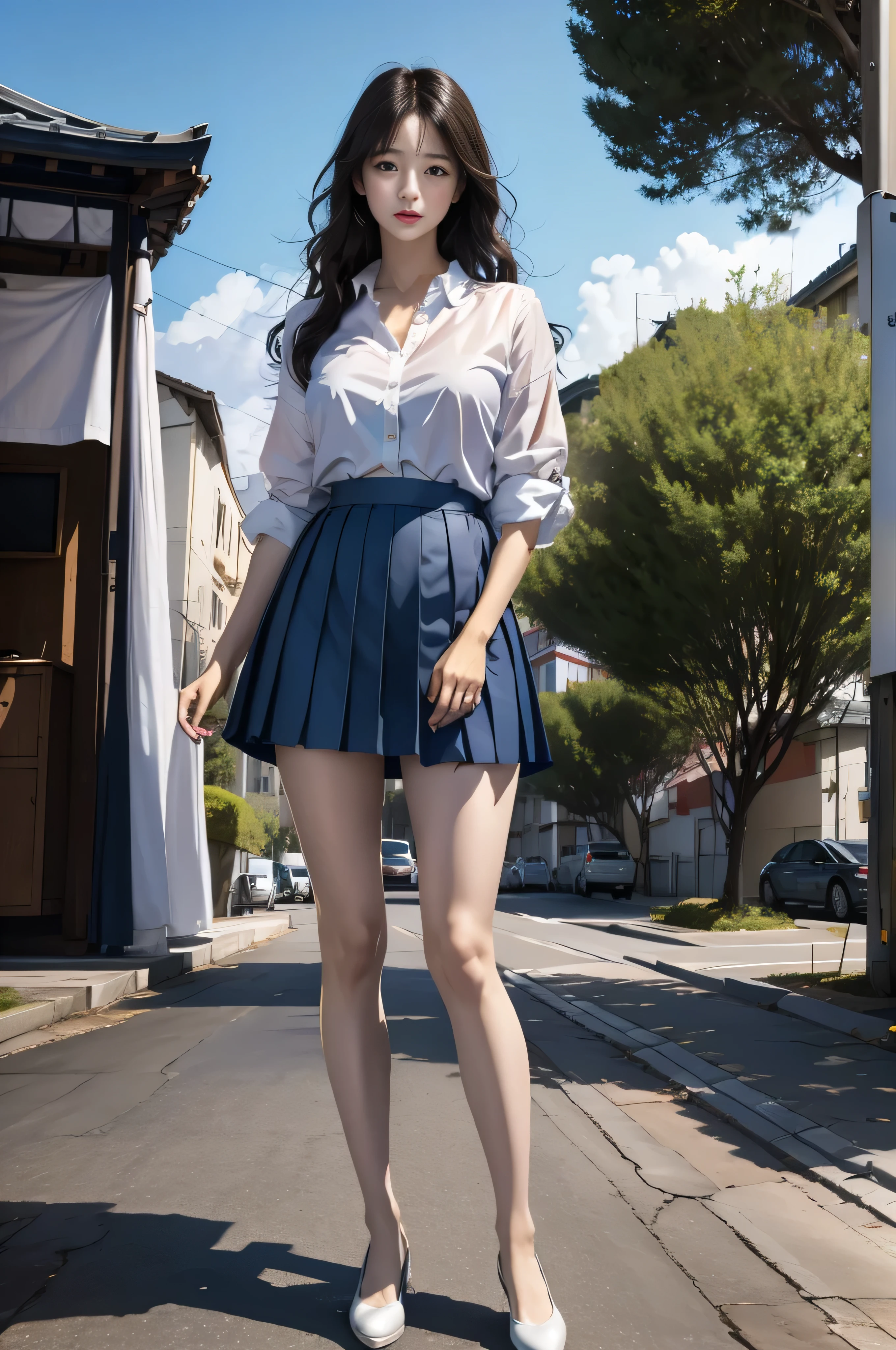 (best quality, 4k, Masterpiece, Ultra detailed, hyperrealism, RAW quality), Korean  - Japanese beauty, short blue pleated skirt, white transparent buttoned blouse, standing in profile to the viewer with her leg slightly bent, carrying a portfolio black leather, her: clean face NOT made up, natural face, loose hair, light wind that moves the environment, wild flowers, bus stop