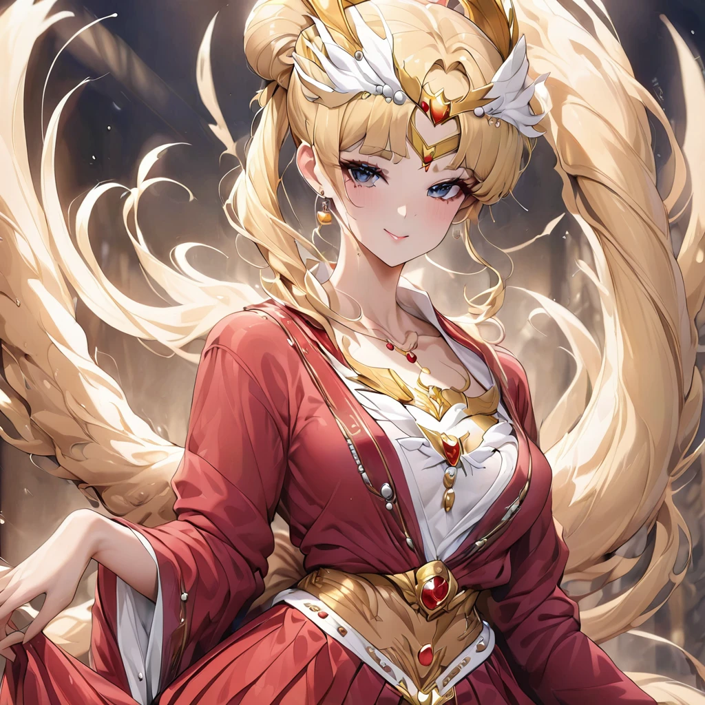 ((Highest quality)), ((masterpiece)), (detailed), (Perfect Face)、The woman is Empress Tsukino Usagi, wearing a gorgeous and glittering red Hanfu, luxurious jeweled accessories, and a Phoenix crown, with her long blonde hair tied in a chignon.