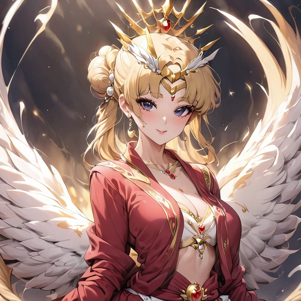 ((Highest quality)), ((masterpiece)), (detailed), （Perfect Face）、The woman is Empress Tsukino Usagi, wearing a gorgeous and glittering red Hanfu, luxurious jeweled accessories, and a Phoenix crown, with her long blonde hair tied in a chignon.