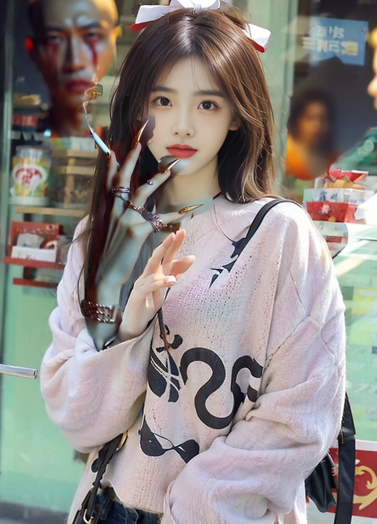 a girl with long red hair and a bow in her hair, chinese model, beautiful, asian, pretty nezuko, ayaka genshin impact, rin tohsaka, official artwork, demon slayer, tanjiro kamado, flaming katana, kawacy, anime visual of a cute girl, long sharp fingernails,