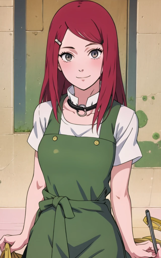 full body, uzumaki kushina, Kushina Uzumaki, masterpiece, high quality, UHD Quality, 4k Quality, perfect, perfection, perfect all,
long red hair, hair ornament, swept bangs, gray eyes, hairclip, perfect face, perfect body, perfect hair, expressive eyes, Soft smile, perfect waist, blushing, green dress, white tiny short sleeves, collar