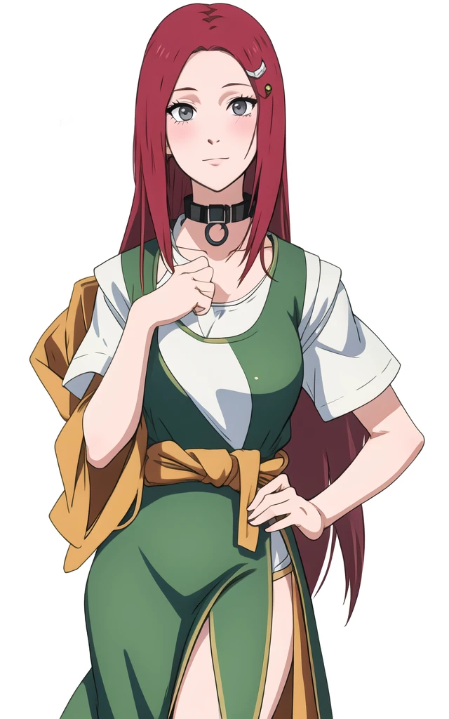 full body, uzumaki kushina, Kushina Uzumaki, masterpiece, high quality, UHD Quality, 4k Quality, perfect, perfection, perfect all,
long red hair, hair ornament, swept bangs, gray eyes, hairclip, perfect face, perfect body, perfect hair, expressive eyes, Soft smile, perfect waist, blushing, green dress, white tiny short sleeves, collar