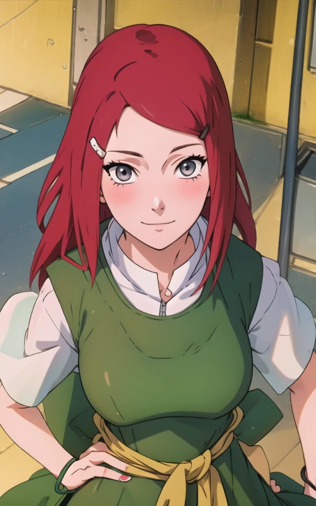 full body, uzumaki kushina, Kushina Uzumaki, masterpiece, high quality, UHD Quality, 4k Quality, perfect, perfection, perfect all,
long red hair, hair ornament, swept bangs, gray eyes, hairclip, perfect face, perfect body, perfect hair, expressive eyes, Soft smile, perfect waist, blushing, green dress, white tiny short sleeves, collar