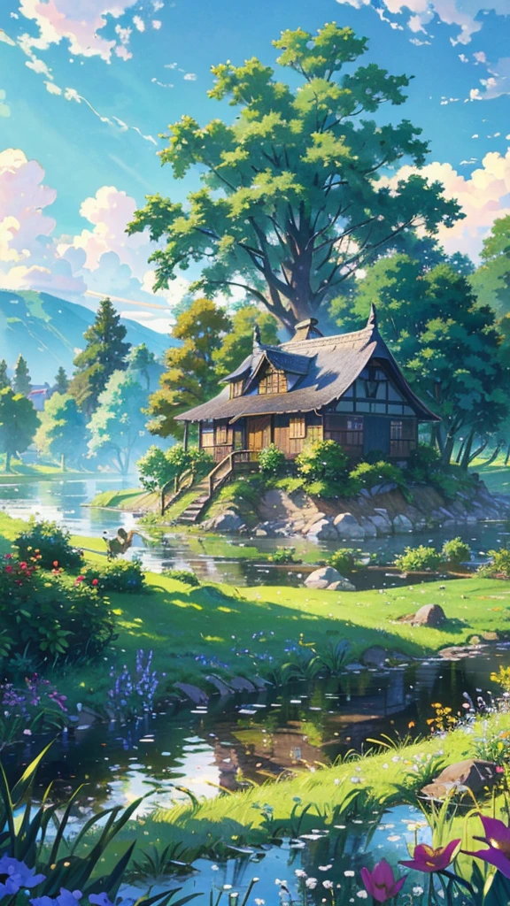 Beautiful riverside cottage, lush green meadow, Blue sky and white clouds, (best quality,4K,8K,high resolution,masterpiece:1.2),Extremely detailed,(Practical,photoPractical,photo-Practical:1.37),Vibrant colors,Natural Lighting,Detailed architecture, Thatched roof, Wooden beams, Stone Wall, Window box full of colorful flowers, Reflected in the calm river, Duck swimming, Weeping willows on the river bank, Rolling hills in the distance, Idyllic