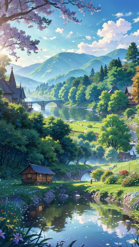 Beautiful riverside cottage, lush green meadow, Blue sky and white clouds, (best quality,4K,8K,high resolution,masterpiece:1.2),Extremely detailed,(Practical,photoPractical,photo-Practical:1.37),Vibrant colors,Natural Lighting,Detailed architecture, Thatched roof, Wooden beams, Stone Wall, Window box full of colorful flowers, Reflected in the calm river, Duck swimming, Weeping willows on the river bank, Rolling hills in the distance, Idyllic
