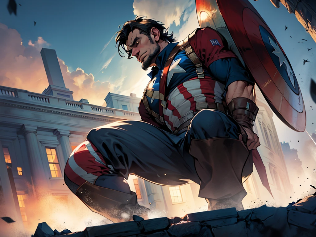 President Abraham Lincoln dressed as Captain America, in a heroic and imposing pose in front of the White House. The lighting highlights its determined and historic expression, while the setting reinforces the patriotism and strength of the American icon.